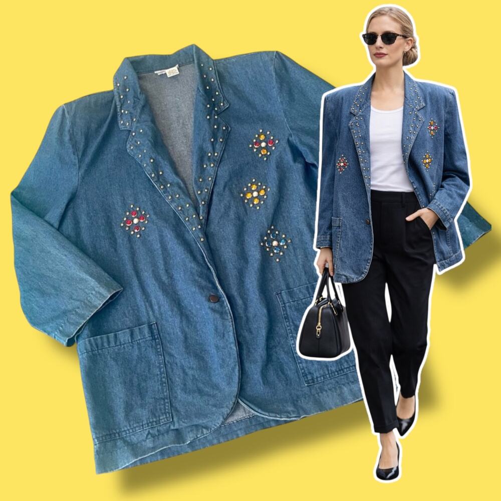 Vtg 80s Dreams Denim Blazer XL Rhinestone Studded Jacket Oversized Glam Retro